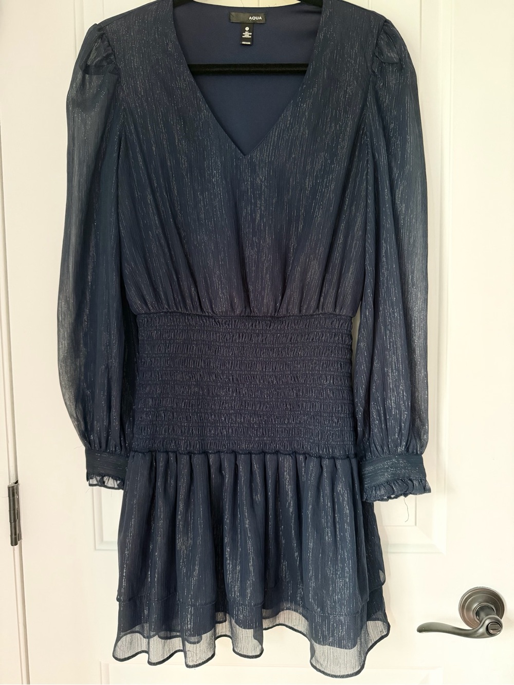 Aqua Navy Blue Metallic V-Neck Long Sleeve Smocked-Waist Dress Sz S